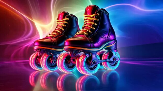 A pair of roller skates with glowing wheels sits on a vibrant, colorful surface