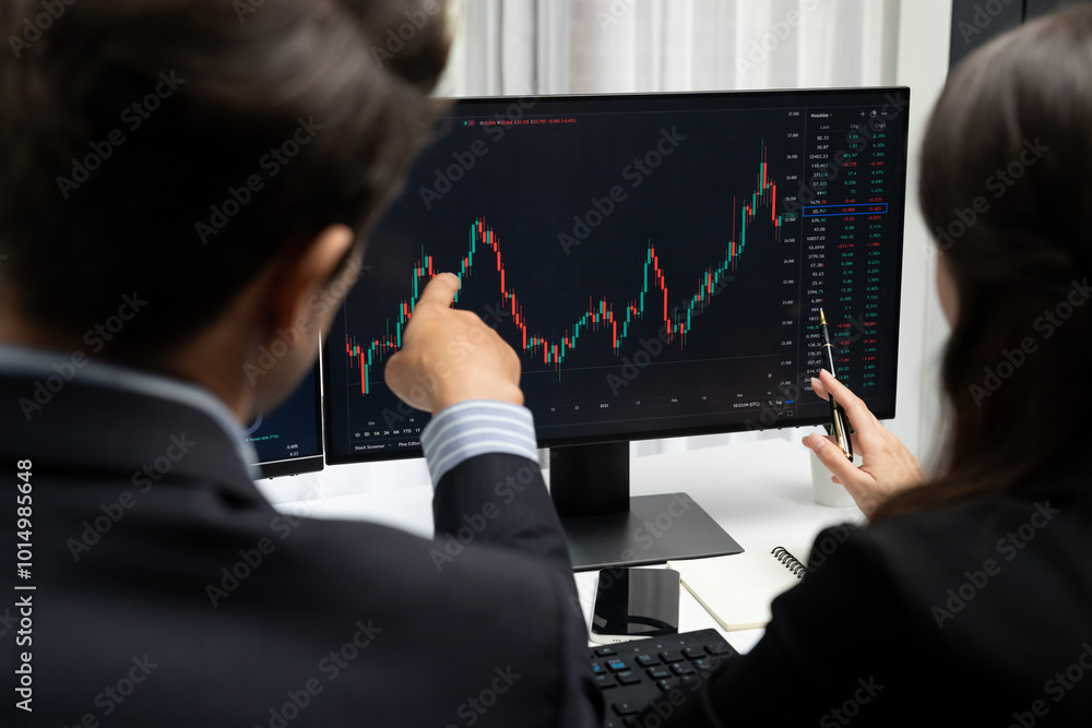 Poster two business traders discussing on dynamic stock market in currency rate investment trading on two p