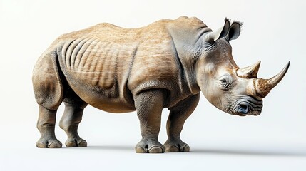 Obraz premium Majestic Rhinoceros Portrait on White Background - Strength and Power Symbolized by Bold Animal Features