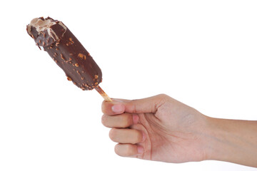 A hand holding a chocolate ice cream stick