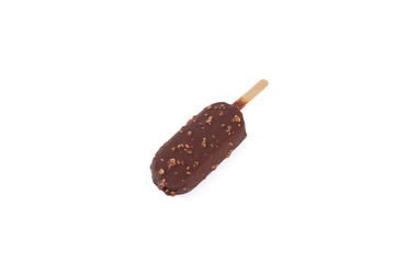 A chocolate bar with nuts on it is sitting on a white background