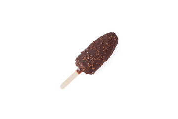 A chocolate bar with nuts on it is sitting on a white background