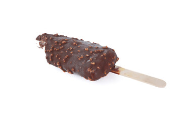 A chocolate and vanilla ice cream stick with nuts on top