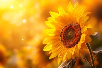 Fototapeta premium A Single Sunflower in a Field of Golden Sunlight