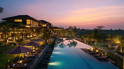 A resort hotel with premium amenities including an infinity pool, golf course, and on-site adventure activities