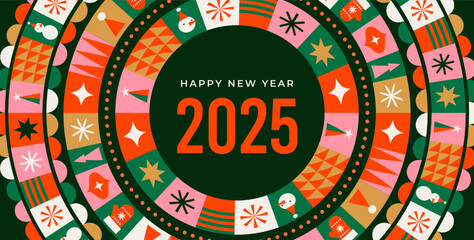 Merry Christmas and Happy New Year modern abstract minimalist geometric style. Christmas colorful illustration in flat cartoon style. Xmas backgrounds with patterns