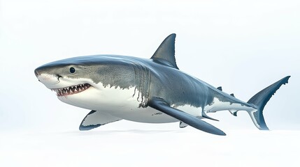 Naklejka premium An imposing great white shark with strong lines and a sleek design, set against a white background