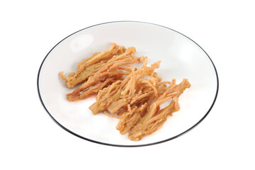 A plate of fried mushrooms on a white background