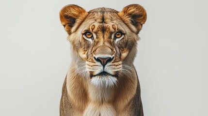 A regal lioness with a commanding gaze, painted with bold strokes on a pristine white backdrop