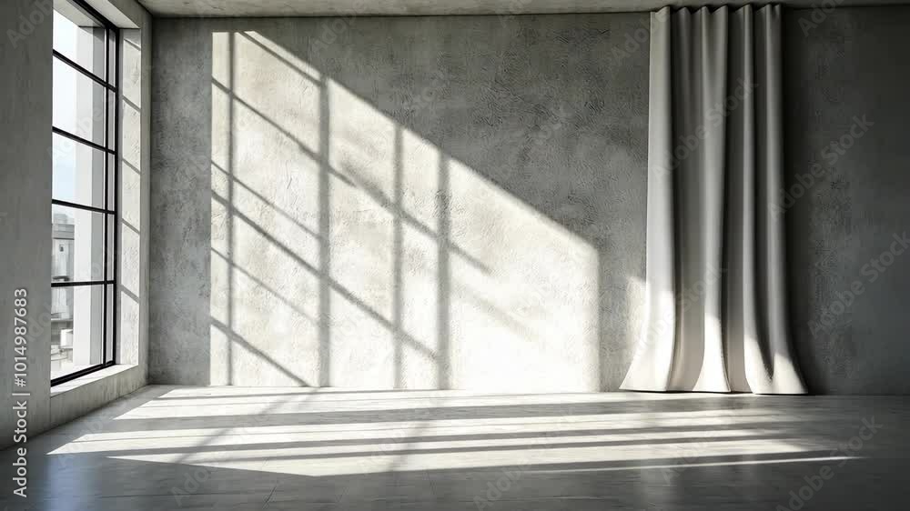 Poster sunlight streams through a large window in a minimalist room, casting long shadows on the concrete f