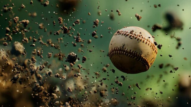 A baseball is flying in the air, surrounded by small particles of dirt and debris.