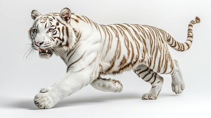 Obraz premium A commanding white tiger in a dynamic pose, its power emphasized against a white background