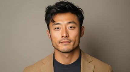 Obraz premium A calm Asian man with a gentle smile, set against a plain taupe background