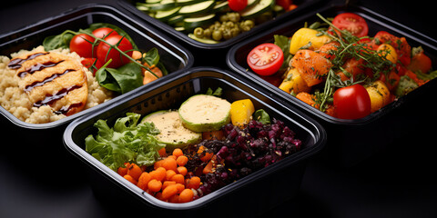 View od containers with healthy meals. Boxed diet.