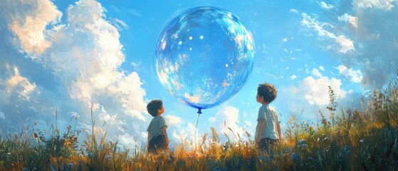 Sami siblings playing with a blue-tinted balloon in a meadow, the peaceful background enhancing the characters' carefree, joyful expressions