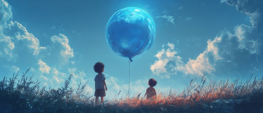 Sami siblings playing with a blue-tinted balloon in a meadow, the peaceful background enhancing the characters' carefree, joyful expressions