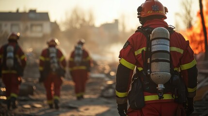 Firefighters and paramedics coordinating efforts at the site of a major disaster, demonstrating their teamwork and professionalism in action