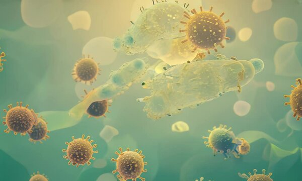 A microscopic view of a virus  showing its complex structure and the impact it can have on cells.