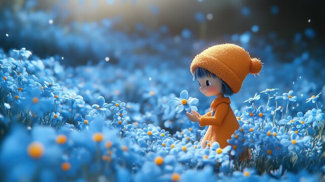 Sami Character Tending to a Tranquil Blue Garden - Peaceful 3D Illustration with Serene Background for Calm and Nurturing Vibe