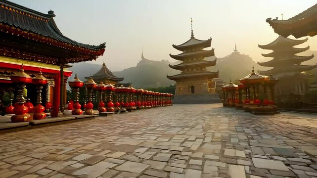 A row of red lanterns line a stone path leading to an ornate temple with a pagoda in the background, all set against a backdrop of misty mountains.
