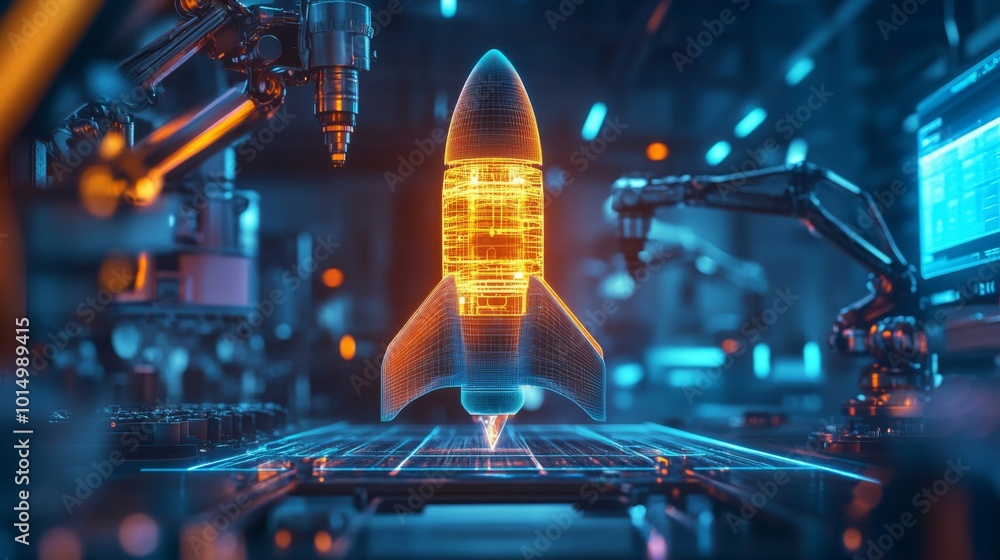 Poster in a cutting-edge workshop, engineers design a high-tech rocket model, showcasing intricate details 