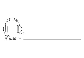 Naklejka premium One line drawing of headphone, headset. Music element for listening audio, radio playlist. Isolated on white background vector illustration