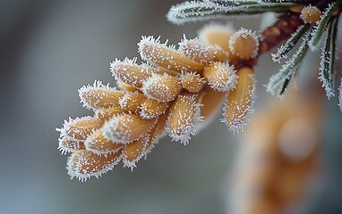 Naklejka premium Frost-covered pine buds highlight winter’s intricate beauty