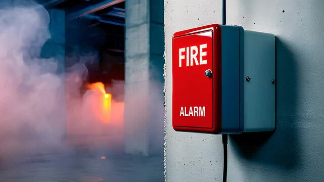 Fire Alarm Box in a Smoky Building with Fire in the Background

