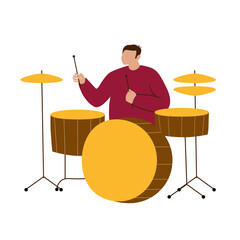 drummer playing a drum kit.  Musician shown in action with drumsticks, and their maroon shirt contrasts the simple design. Suitable for use in music-related designs, posters, concert flyers websites