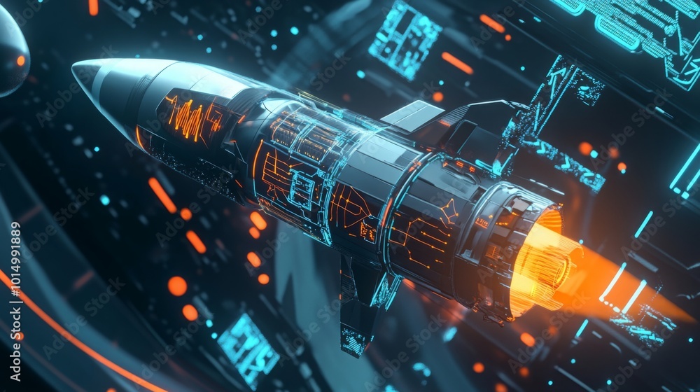 Aufkleber a sleek rocket is propelled through a digital environment filled with glowing data displays and circ