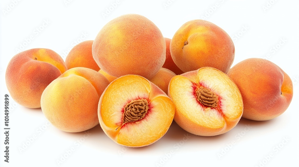 Sticker Fresh peaches, some cut in half, ready to eat.