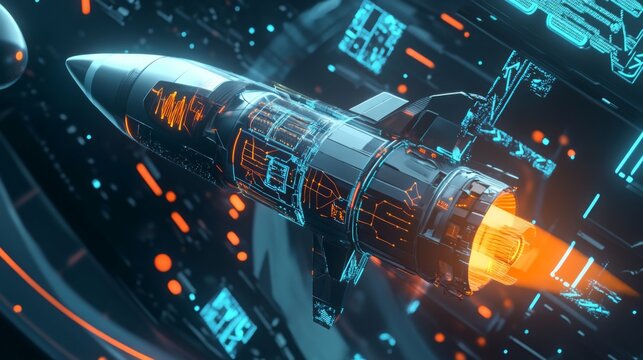 A sleek rocket is propelled through a digital environment filled with glowing data displays and circuitry. The vibrant orange flames indicate powerful thrust as the rocket ventures into space. - Powered by Adobe