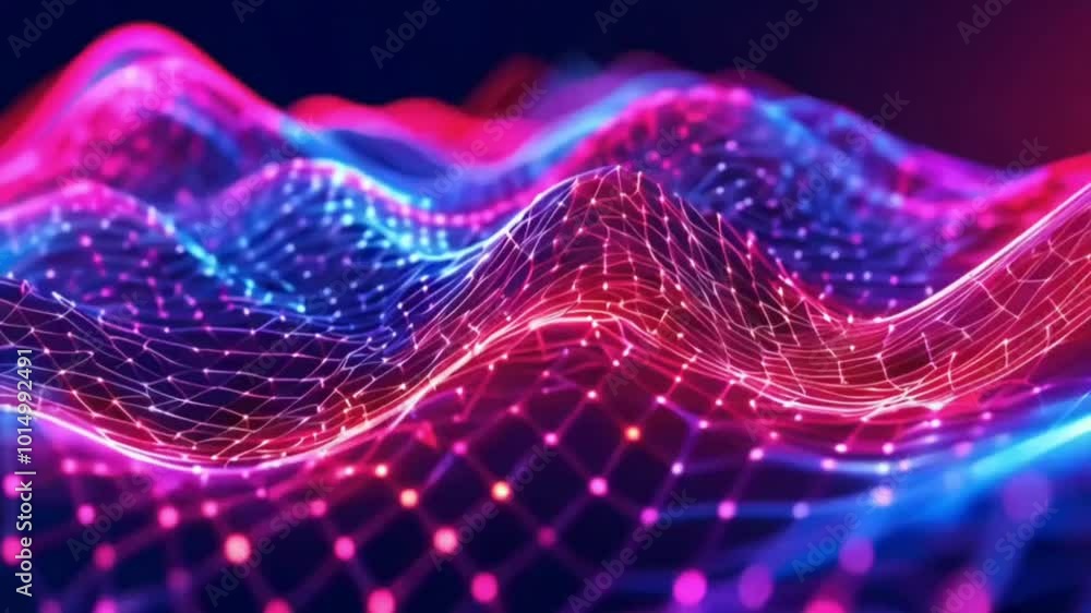Poster the image could be named: futuristic blue waves with lights and abstract patterns