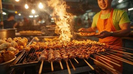 Street Food Vendor Grilling Skewers with Flames and Smoke