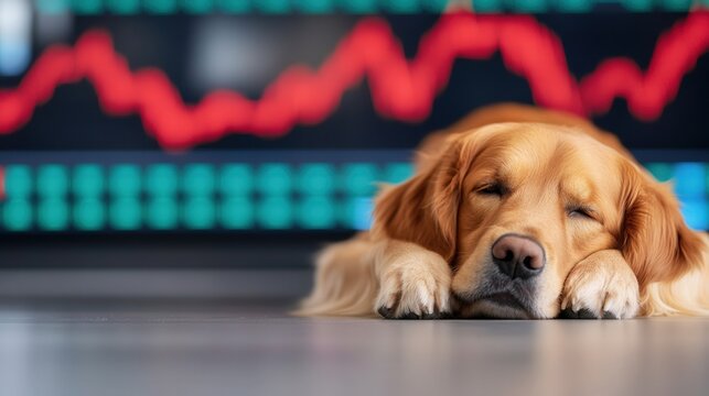 Market Maverick Dog, a clever canine outsmarting complacent investors, showcasing its prowess as it navigates the stock market, leaving whiners in its wake.