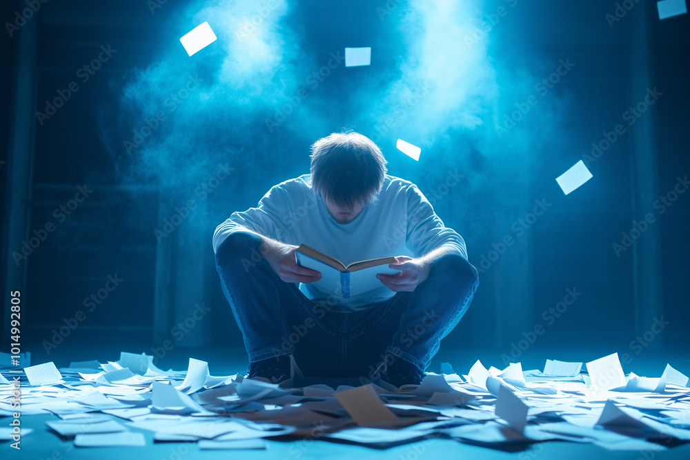 Aufkleber a person reads intently while surrounded by scattered papers in a dimly lit setting