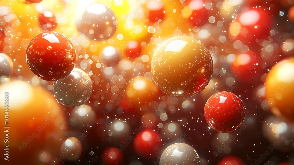 Aufkleber abstract 3d shiny spheres background with warm color palette and bokeh effect