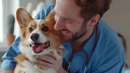 Happy man vet doctor in blue uniform cuddling pembroke welsh corgi dog, playing with little dog after treatment, free space