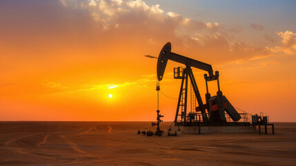 Fototapeta premium Desert Oil Pump at Sunset, a towering oil pump rig stands against a vivid twilight sky, symbolizing the industrial pursuit of petroleum amidst a vast desert landscape