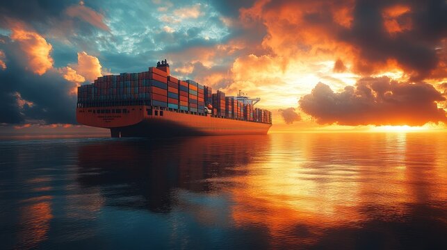 A large cargo ship sails on a calm ocean at sunset, with a drama