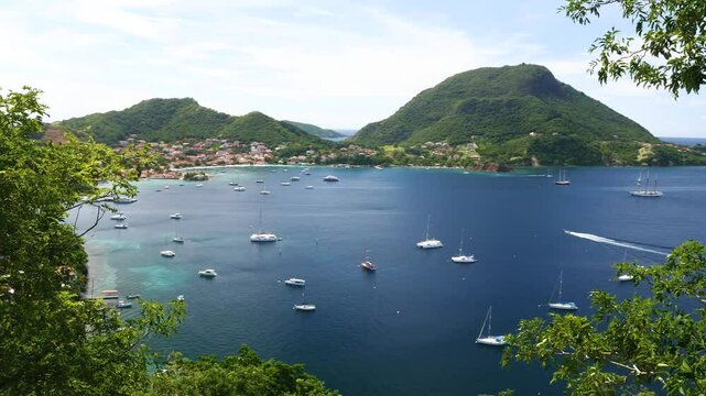 Panoramic view of the beautiful bay Terre de Haut with ships in Guadeloupe island