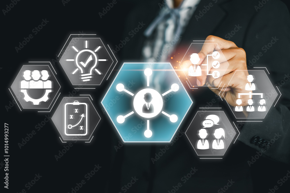 Poster a business professional interacts with digital icons representing soft skills, emphasizing teamwork,