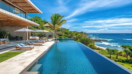 Fototapeta premium Exclusive resort-style luxury hotel with infinity pools, private cabanas, and a pristine beach backdrop