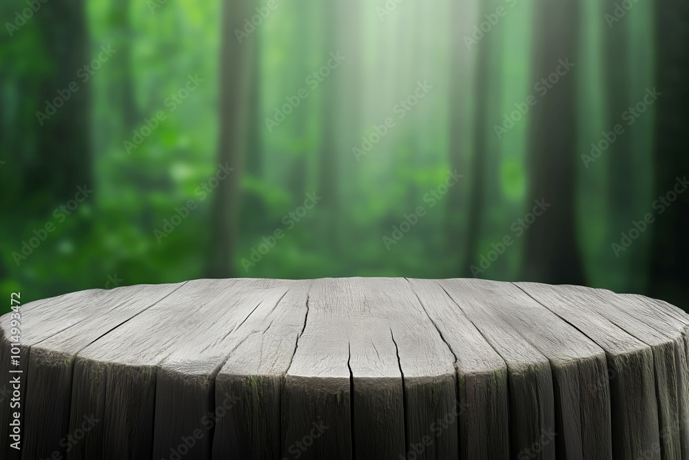 Poster natural wooden tabletop in a forest setting with soft sunlight filtering through trees