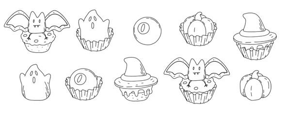linear vector set of drawn various Halloween sweets and cupcakes