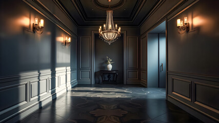 Empty vintage luxury room. Black wooden walls marble floor in retro style, elegant LED lights with dramatic lighting. Vintage elegance, home or hotel entrance hallway corridor. Generative AI
