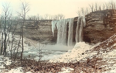 Obraz premium Winter waterfall with icicles and bare trees in serene landscape