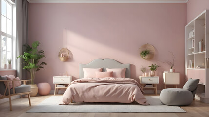 A bedroom with pink colour bed and soft pillows, pink colour background wall, grey bean bag with white bookshelf and tree plant