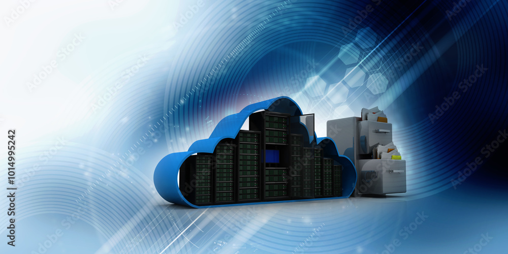 Poster 3d illustration data center server data sharing folder
