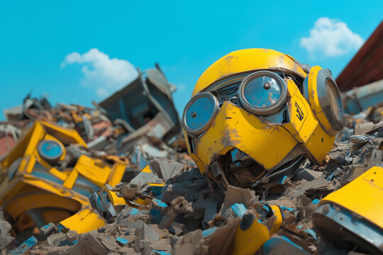 Colorful yellow robot heads among piles of debris under a blue sky in a junkyard - Powered by Adobe